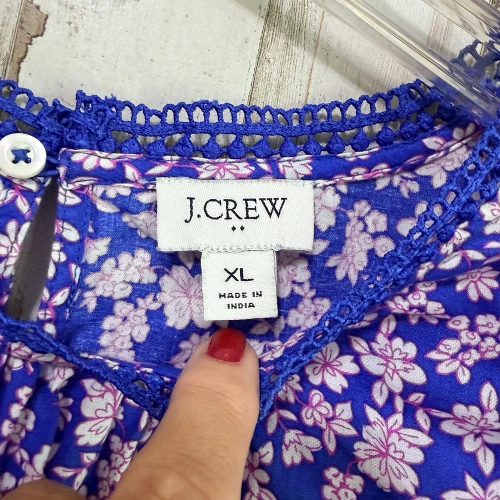 J Crew Floral Ruffle Shoulder Popover Blouse XL Blue Pink Floral Boho Summer